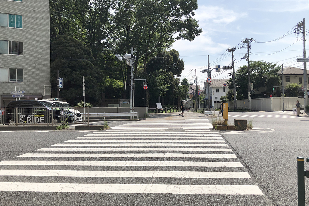 信号の横断歩道から染井門を写した写真