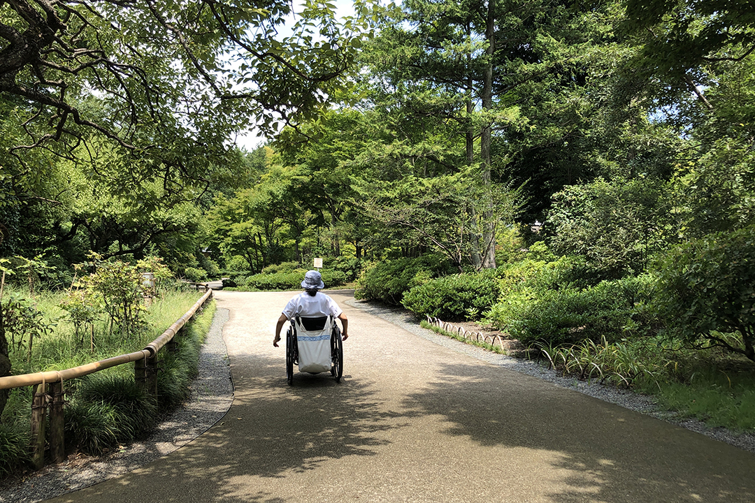 緑豊かな庭園の中を車いすの女性が走っている写真