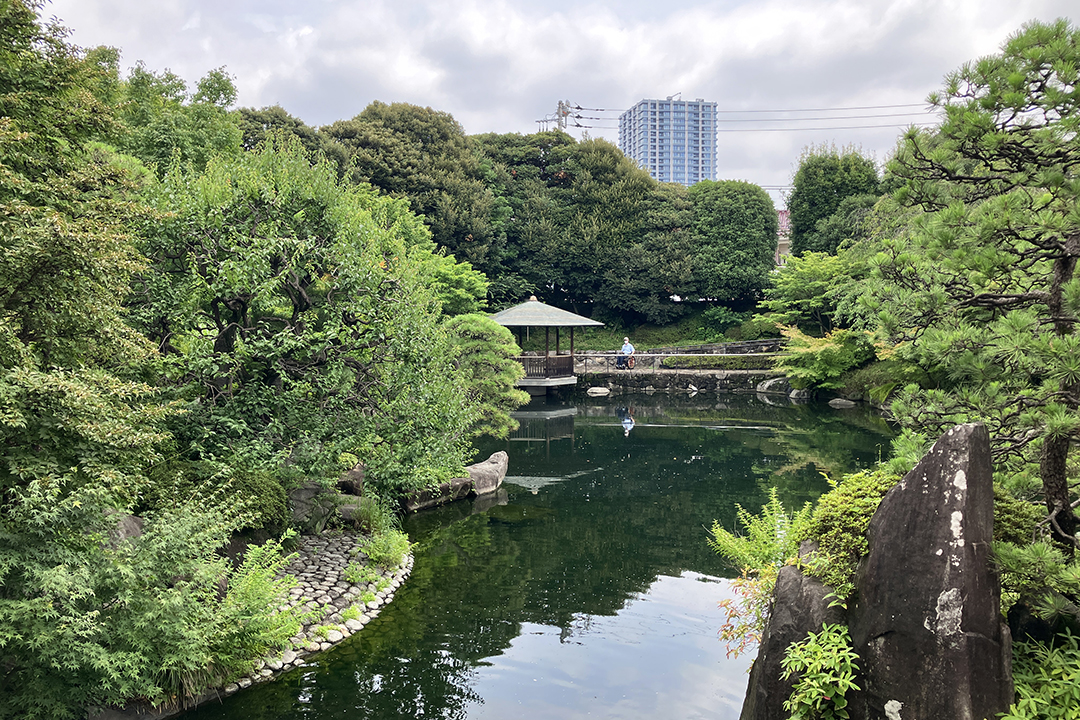 滝見台から右方向に見える池の先に六角浮き見堂が見える写真