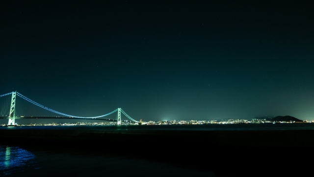 夜の闇の中、向こうに光る街並みと橋が見える写真。手前にはうっすら水面が見える。
