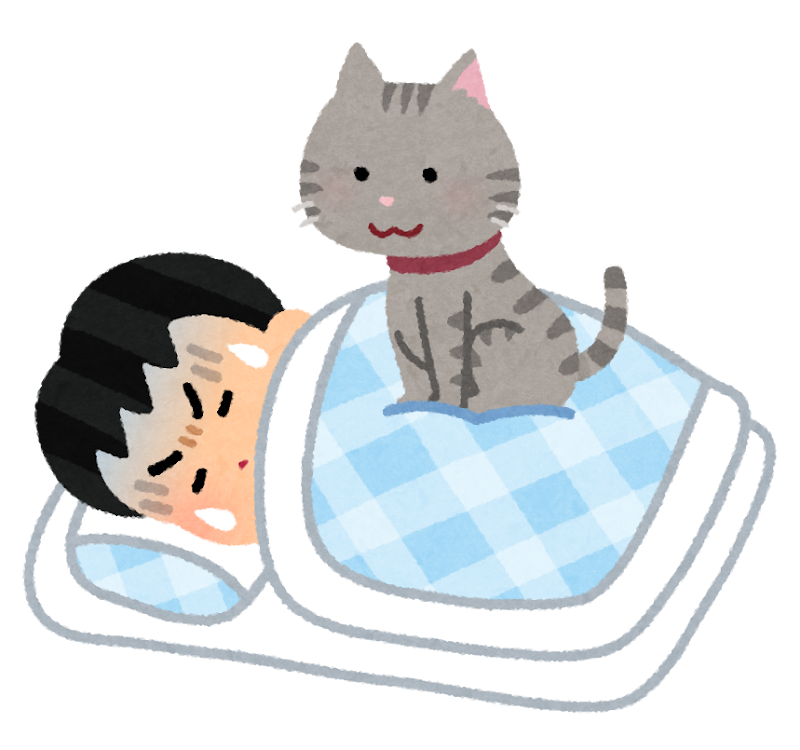 眠っている男性の布団の上に猫が乗っていて、寝苦しそうにしているイラスト