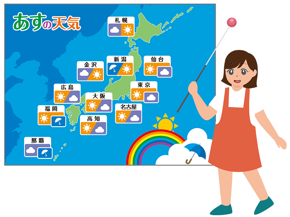 日本列島の明日の天気が表示された画面の前で気象キャスターの体験をする女の子のイラスト