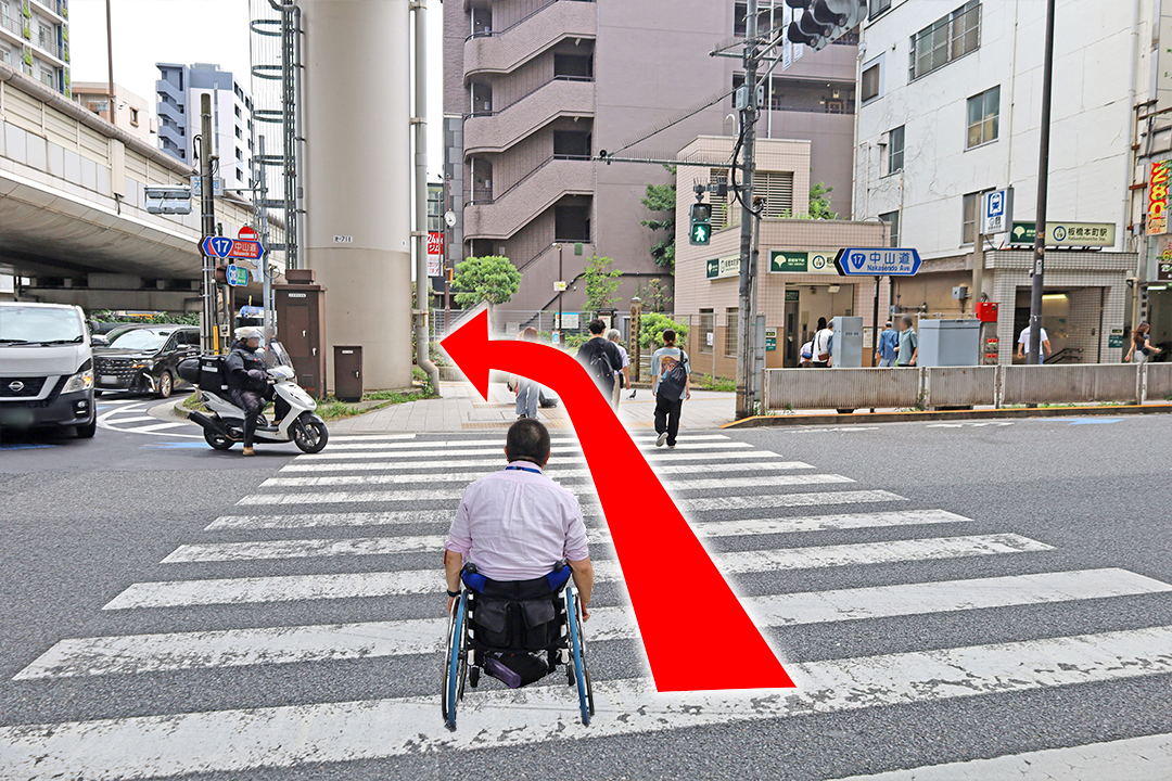 車に注意して横断歩道を渡る