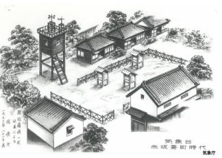 上から見た東京気象台を描いた絵。櫓のような建物の上に風速計があり、中央あたりには柵に囲まれた百葉箱が3つ並んでいる。