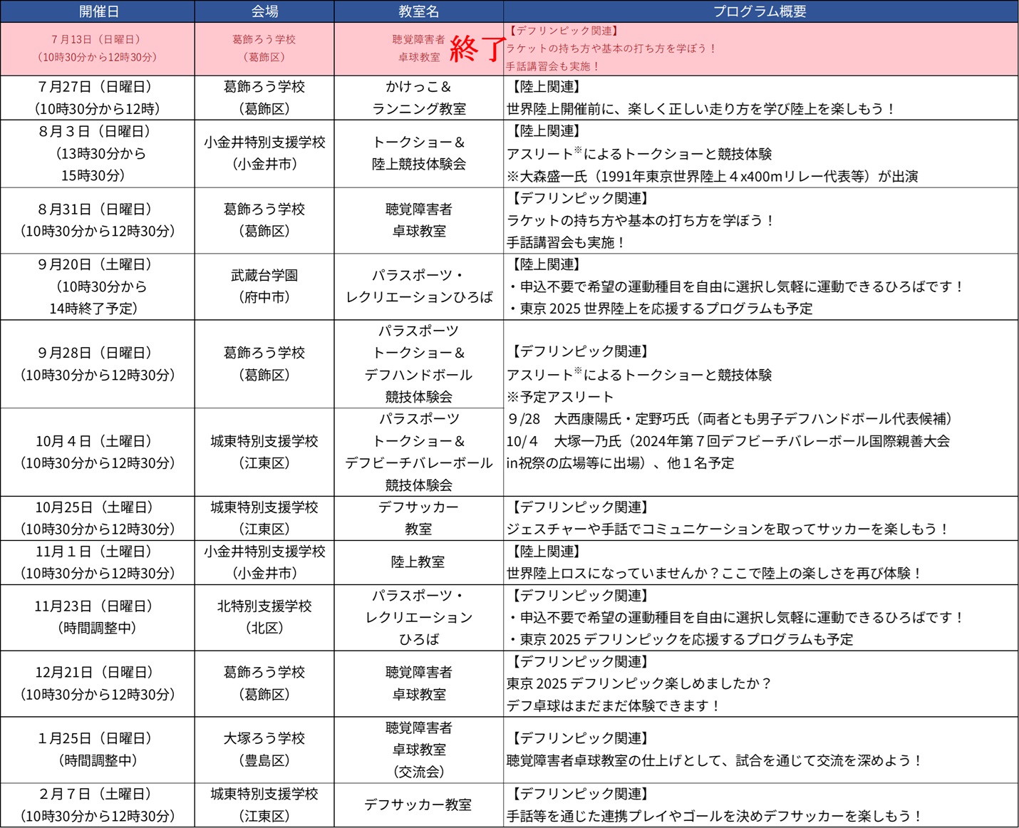 体験教室の日程表