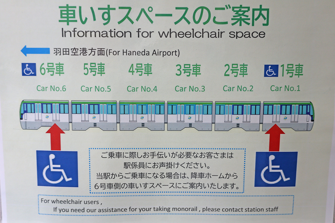 モノレールの車いす席の案内図（6号車と1号車）
