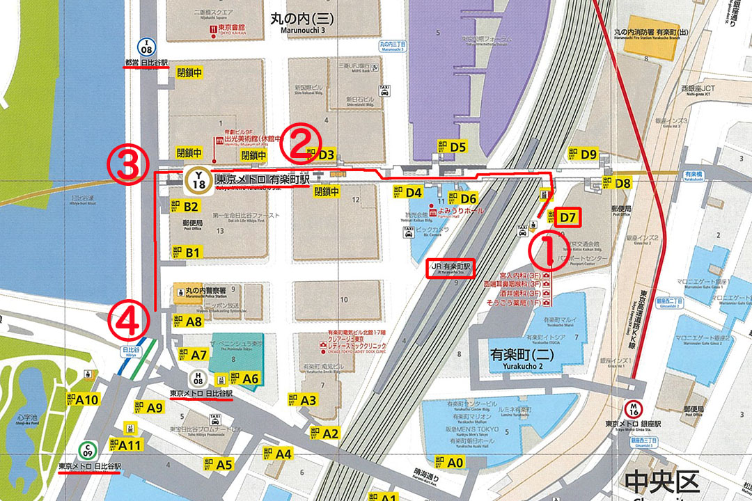 地図上に有楽町駅からの地下ルートを赤ラインと①から④までの数字で案内している