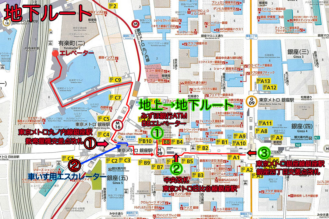 有楽町駅から地下ルートを赤ラインで示す地図