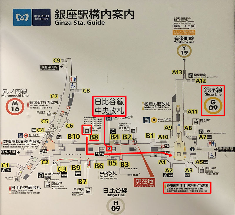 B8エレベーターから日比谷線中央改札と銀座線銀座四丁目交差点改札までを赤のラインで示した地下ルート地図