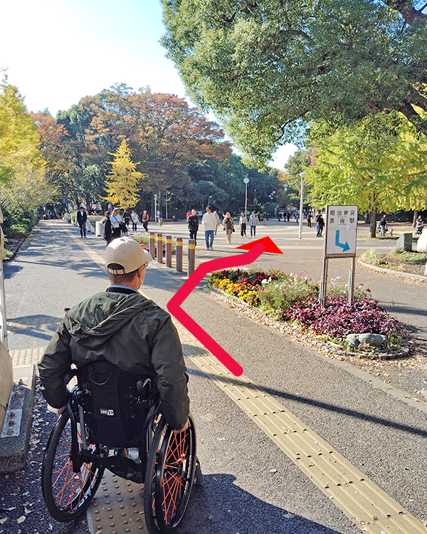 歩道の先の代々木公園入口を写した写真
