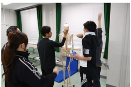 専門家が人体骨格模型を使って説明をしている