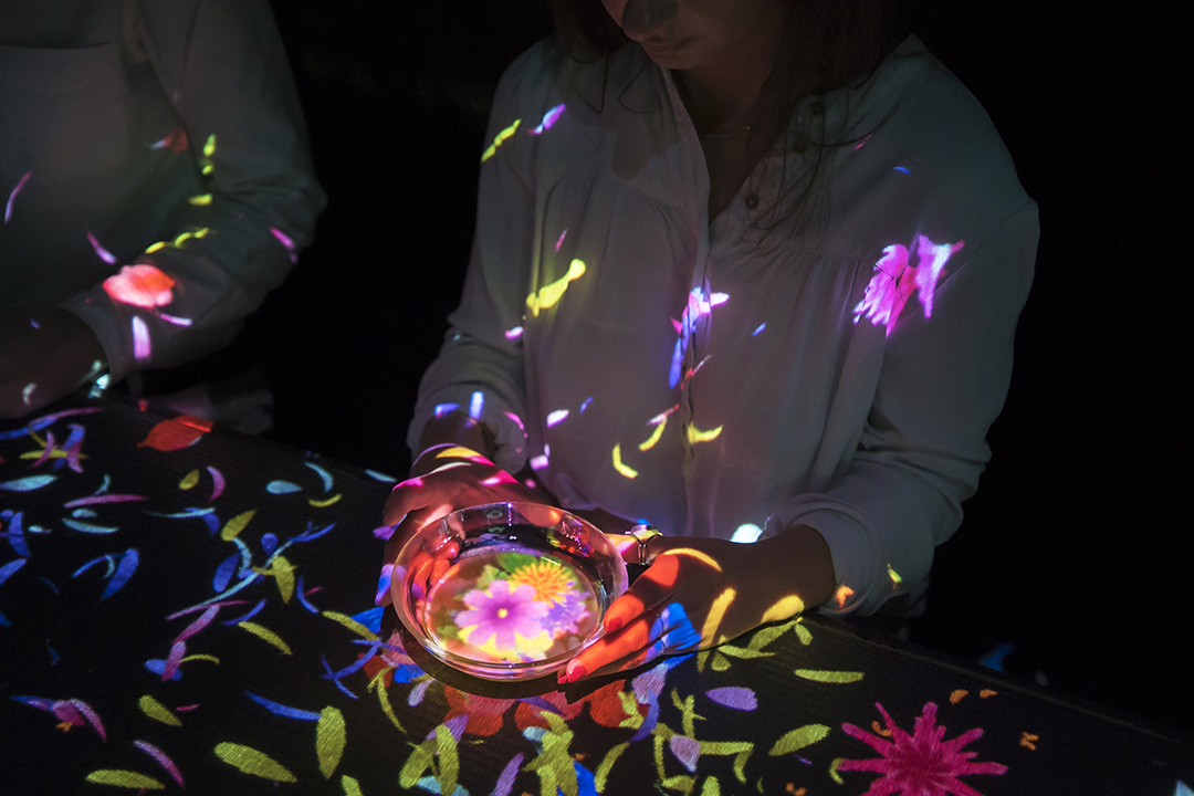 テーブルの上で運ばれてきたお抹茶のグラスの中に花の映像が映し出されるようす