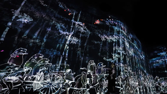 多様な肖像群が林の中を歩き回る様子