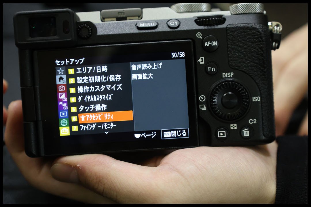 ソニー製カメラの背面液晶。メニューから「アクセシビリティ」設定が選択されている