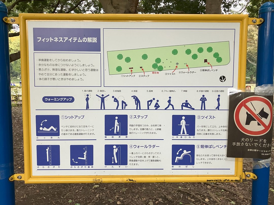 腹筋や階段昇降、懸垂、背伸ばしなどができる器具の案内板