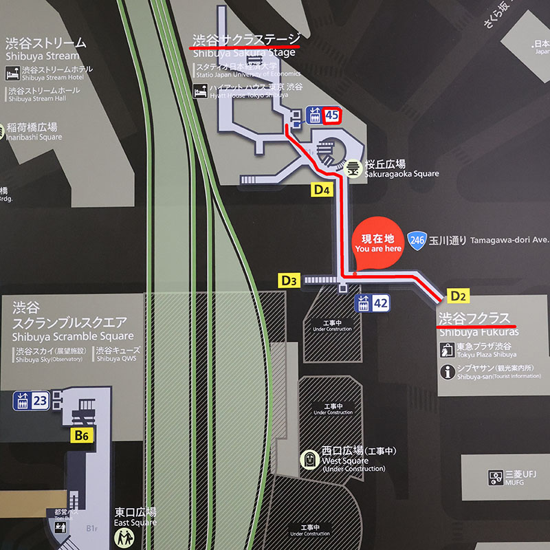 45番エレベーターから渋谷フクラスへの地下通路図