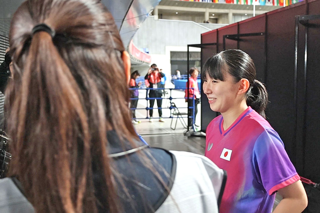 試合後インタビューを受ける山田萌心選手