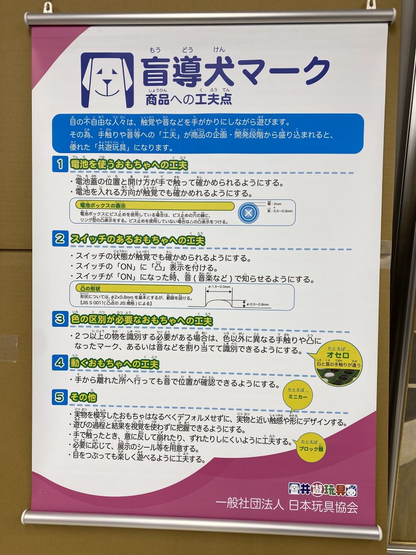 盲導犬マークの説明。電池の入れ替え方やスイッチのONを触って分かるようにする、色の区別を手触りで識別できるようにするなどの工夫がされている